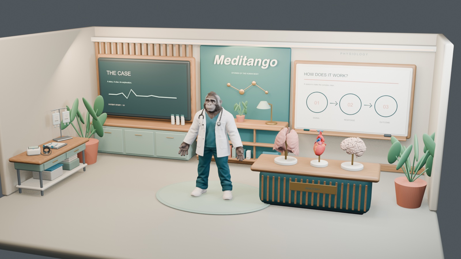 Meditango's original animated studio, with Dr. Tango, anatomy models and a science board